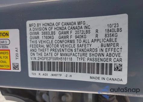 2024 Honda Civic Sport из США, поврежденный, VIN 2HGFE2F59RH516118